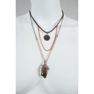 Mixed Metal Layered Feather Necklace with Pendant